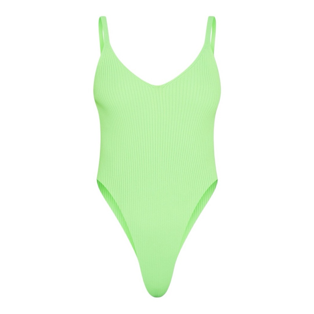 Green Rib Knit Plunge High Side Bodysuit